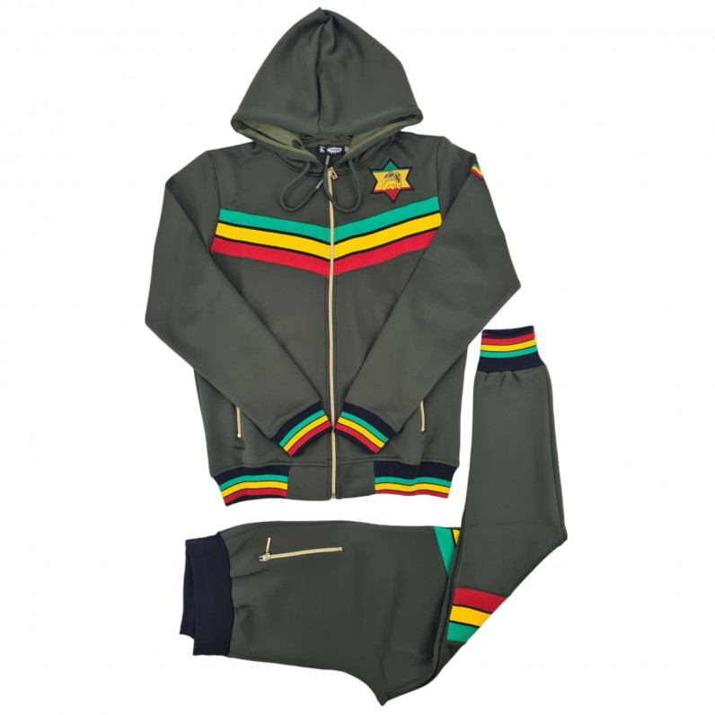 Men's Urban Double Rasta Stripe Lion Olive Tracksuit