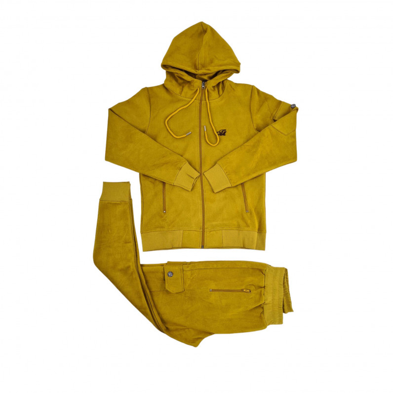 Men's Yellow Urban Cargo Combat Velour Slim Fit Tracksuit