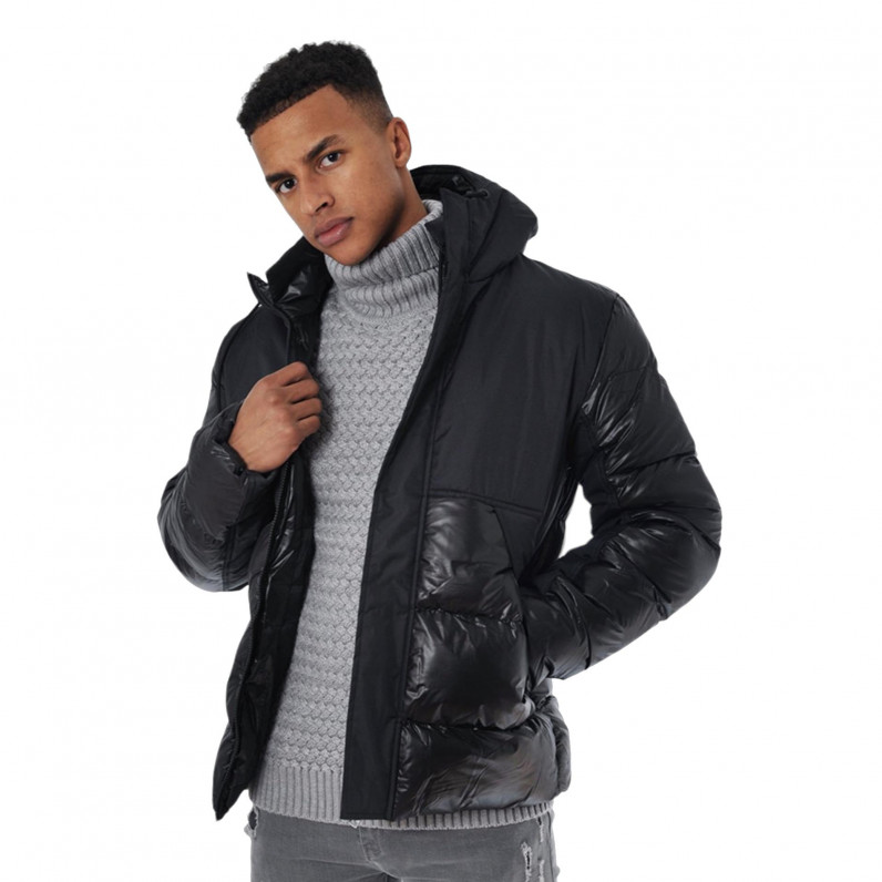 Men's Black Shiny Urban Wrap Around Neck Padded Puffer Winter Hooded Jacket