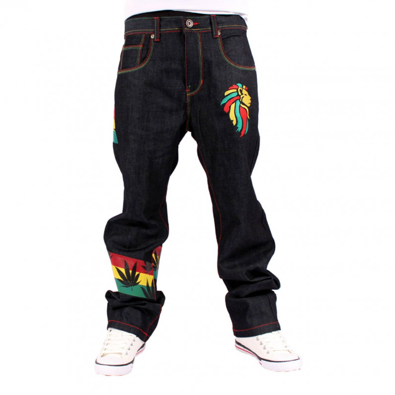 Men's One Love Rasta Lion Black Loose Fit Denim Jeans